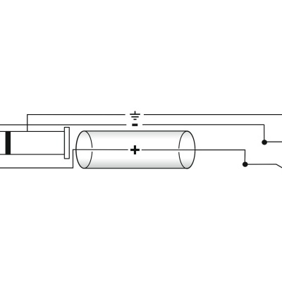 Desenho técnico de circuito elétrico com pilha cilíndrica e sinais de polaridade