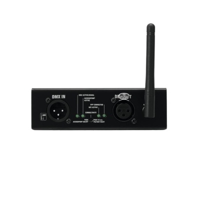 Dispositivo eletrónico preto com antena e conectores DMX/XLR