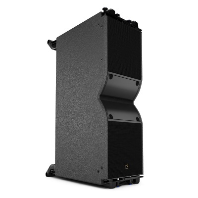 Coluna de som preta com grelhas frontais e revestimento texturizado