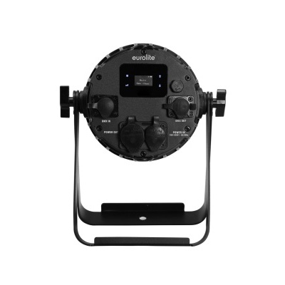 Projetor de luz Eurolite preto visto de trás com visor digital e botões