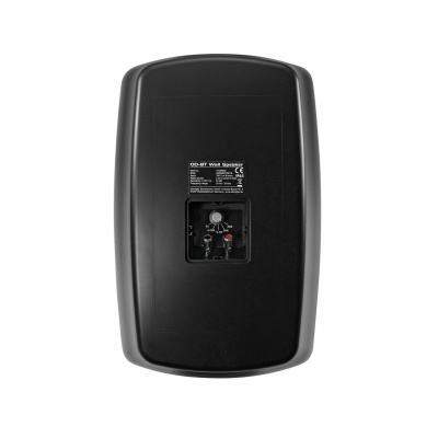 Coluna de som preta vista de trás com etiqueta técnica e conectores