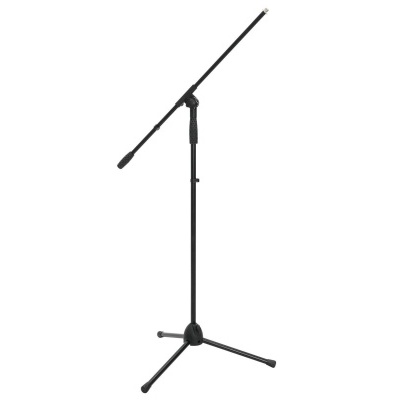 Suporte para microfone preto com base tripé e braço ajustável