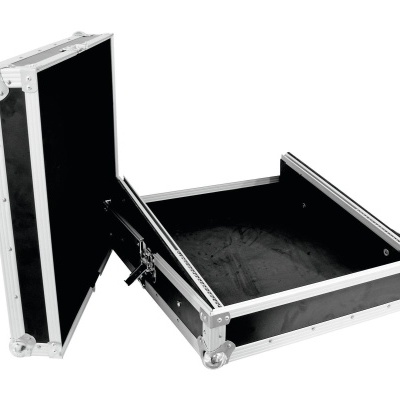 Mala de transporte preta com estrutura metálica e tampa aberta