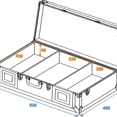 Mala de armazenamento retangular aberta com compartimentos e dimensões indicadas