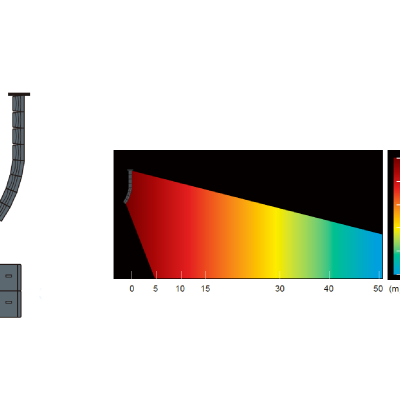 Gráfico colorido de decibéis, elemento curvo pentagonal e componentes retangulares pretos