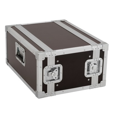 Estojo rígido castanho escuro com cantos metálicos prateados e pegas laterais