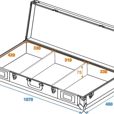 Mala preta aberta com divisórias e medidas em milímetros