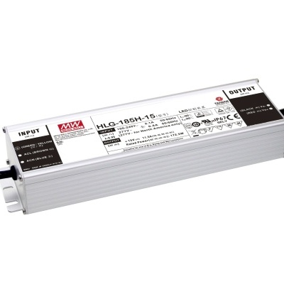 Transformador de luz LED da marca Mean Well modelo HLG-185H-15 prateado com etiquetas e cabos pretos