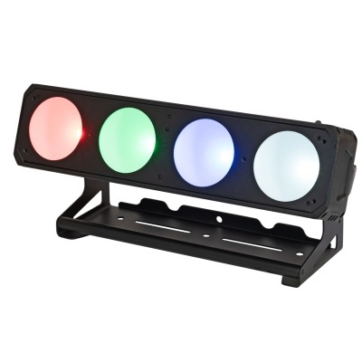 Iluminação LED com quatro luzes coloridas numa estrutura preta.