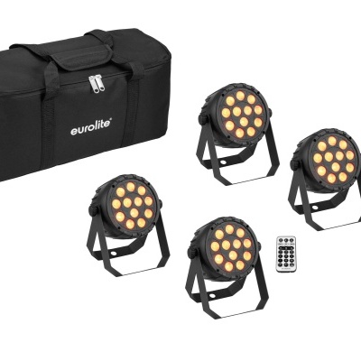 Conjunto de quatro luzes de palco LED pretas, controle remoto e bolsa de transporte preta Eurolite