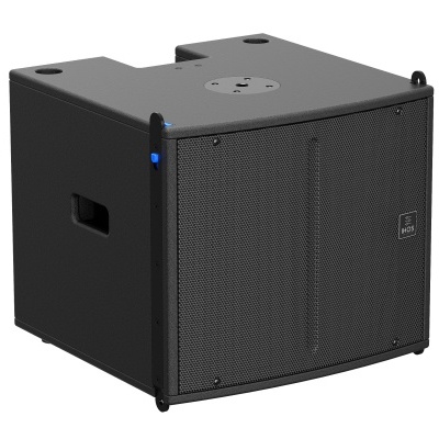 Coluna de som profissional preta com grelha metálica frontal