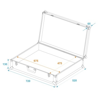 Mala rígida branca aberta com dimensões marcadas