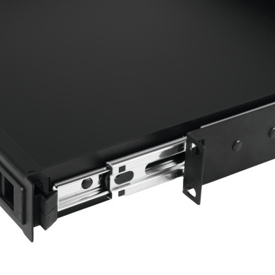 Gaveta metálica preta com trilho de metal e suporte aparafusado