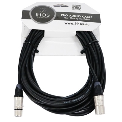 Cabo de áudio profissional preto com conetores metálicos e embalagem branca da marca IHOS
