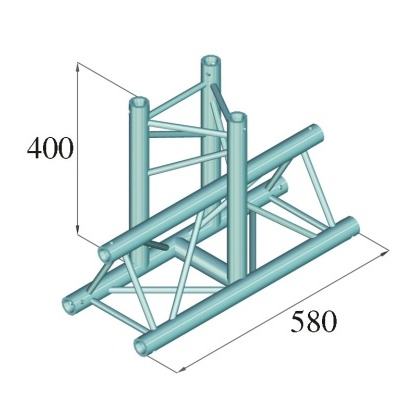 Estrutura metálica triangular cinza azulada com tubos cilíndricos e barras diagonais