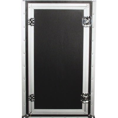 Mala rígida preta com moldura metálica prateada e rodas