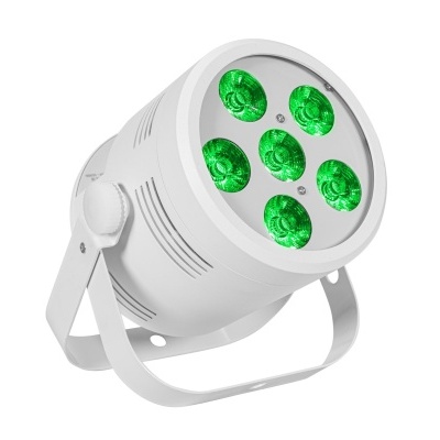 Refletor circular branco com seis LEDs verdes e suporte metálico.