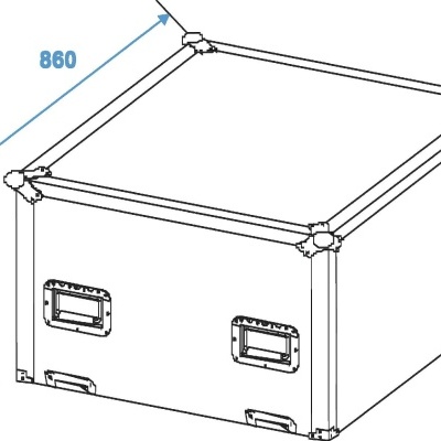 Desenho técnico de contentor retangular com pegas, cantos reforçados e medidas indicadas.
