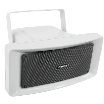 Coluna de som branca com grelha preta e alça