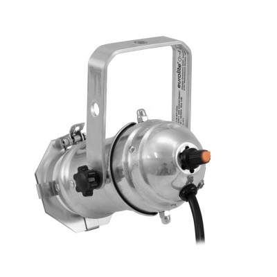 Projetor de luz metálico prateado com suporte ajustável e cabo preto sobre fundo branco