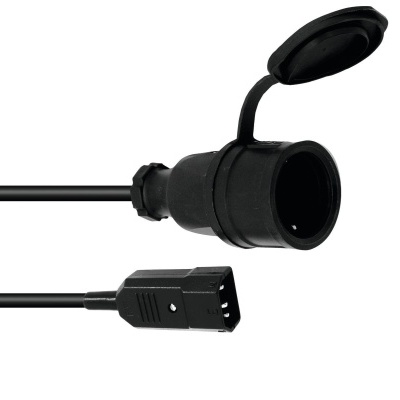 Cabo elétrico preto com ficha e tomada com tampa