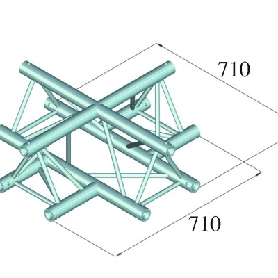 Estrutura metálica tubular azul clara em forma de cruz com medidas 710x710 mm