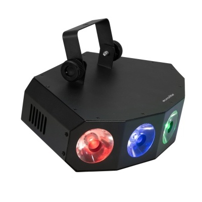 Dispositivo de iluminação preto com três lentes coloridas e suporte ajustável