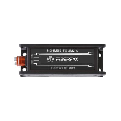 Módulo eletrônico preto Fiberfox com referências técnicas e conectores