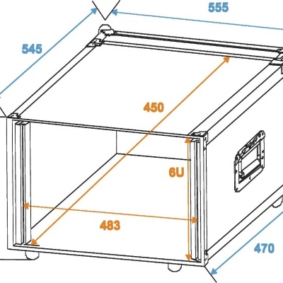 Caixa rígida metálica com cantos fixos e alças, dimensões e espaço interno marcado