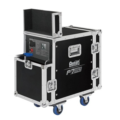 Carrinho de transporte preto com rodas azuis e fechos metálicos