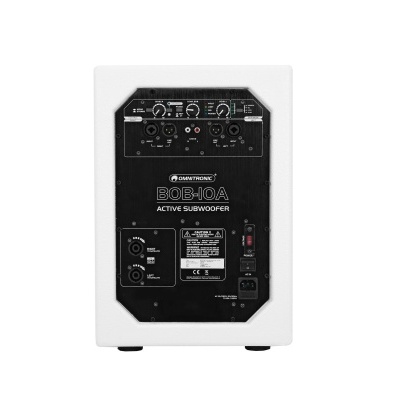 Subwoofer ativo QTX Audio branco com painel traseiro preto e entradas várias