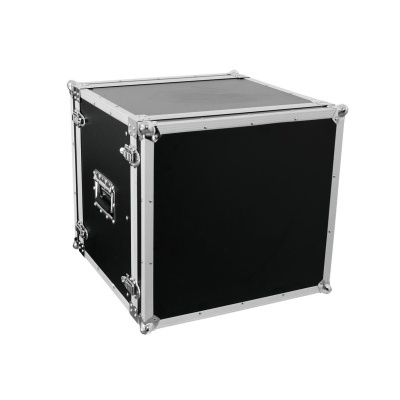 Caixa de transporte preta com estrutura metálica prateada e alças laterais em fundo branco