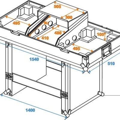 Desenho técnico de bancada metálica com medidas em milímetros.