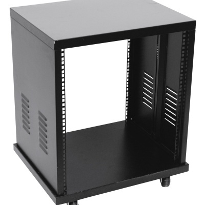 Móvel de rack metálico preto com rodas e entradas de ventilação
