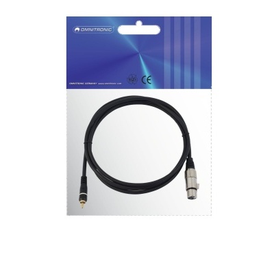 Cabo de áudio preto com conetores XLR e jack 3,5 mm em embalagem azul e branca