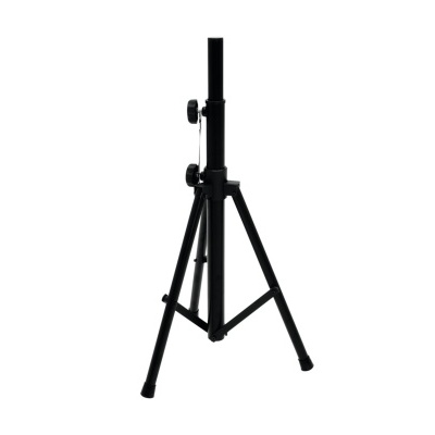 Suporte trípode de metal preto para equipamento, com pernas e porcas de aperto