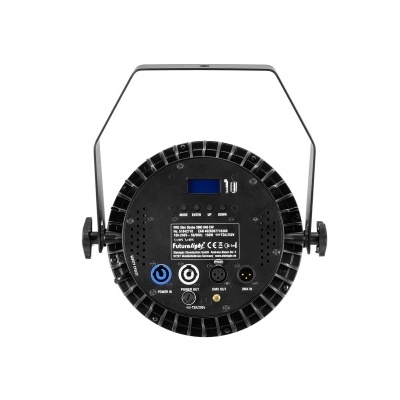 Dispositivo electrónico circular preto com suporte metálico e etiquetas técnicas