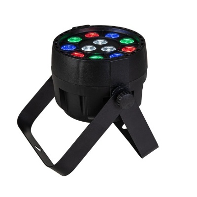 Projetor de luz LED preto com suporte metálico e luzes coloridas