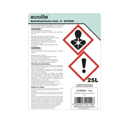 Etiqueta do produto eurolite Nebelfluid/Smoke fluid - E - EXTREM com símbolos de perigo e especificações de volume e código.