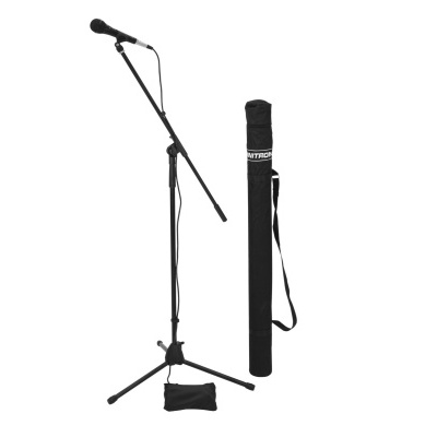 Suporte de microfone em tripé preto com microfone e estojo de transporte preto.