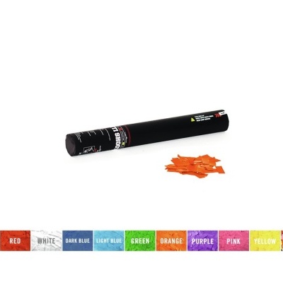 Tubo preto com confetes laranja ao lado e barra colorida com nomes das cores