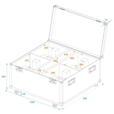 Caixa de armazenamento branca com tampa aberta e divisórias internas, medidas técnicas em milímetros.