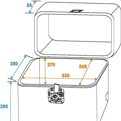 Desenho técnico de caixa com tampa aberta e medidas detalhadas