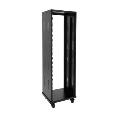 rack metálico preto com rodas e furos de ventilação