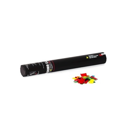 Tubo preto cilíndrico com confetis coloridos ao lado