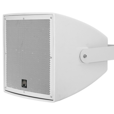 Coluna de som branca com grelha metálica e suporte lateral