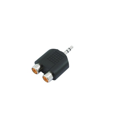 Adaptador jack 3,5 mm para duas tomadas RCA femininas preto em fundo branco