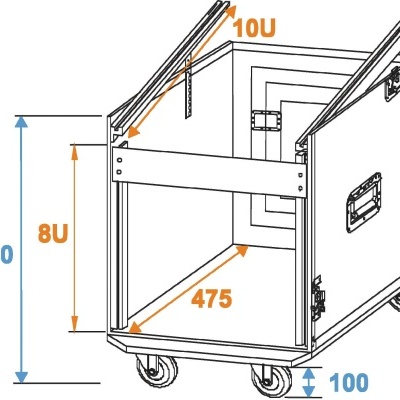 Armário móvel branco com rodas e medidas visíveis em texto colorido