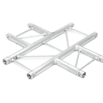 Estrutura metálica prateada com tubos cilíndricos e suportes inclinados