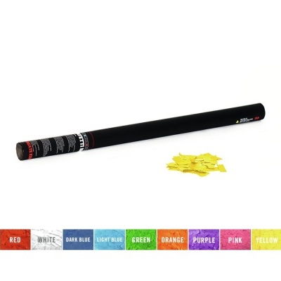 Tubo preto com pequenos pedaços de papel amarelo à frente, sobre fundo branco